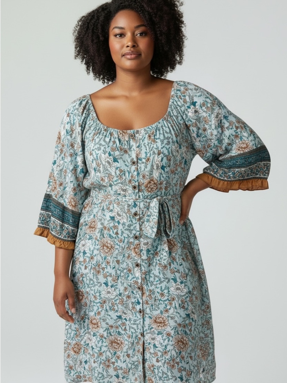 ESQUALO womens Boho Floral Button-Front Women’s dress Turquoise & Brown size xl